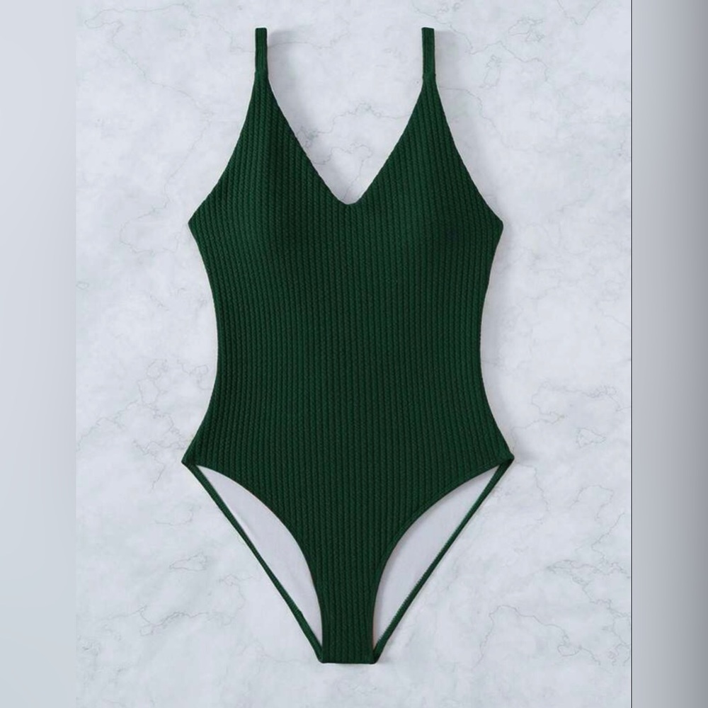 Dark Green Solid Ribbed Knit One Piece Swimsuit